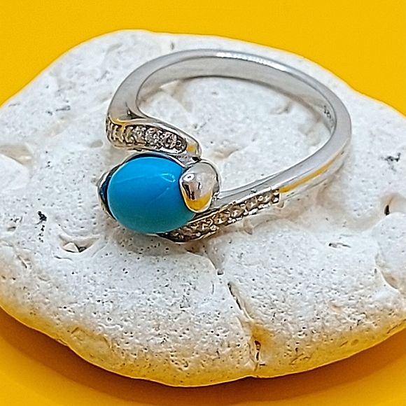 Natural Oval Blue Turquoise 8x6mm & Cz 925 Sterling Silver Ring 6 - Picture 9 of 11